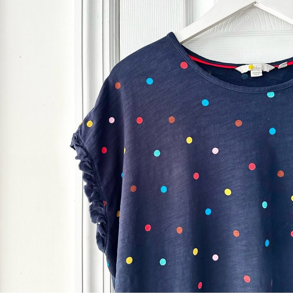 Boden Faye Navy Blue Ruffle Trim Multi Colored Polka Dot T Shirt Dress 12R J0900 - Picture 7 of 13